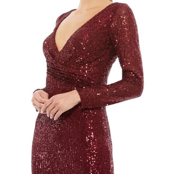 Mac Duggal Size 10 NEW Sequined Faux Wrap Long Sleeve Column Gown 26574 Wine - Picture 2 of 8